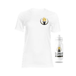 A white t-shirt and a white water bottle on a white background.