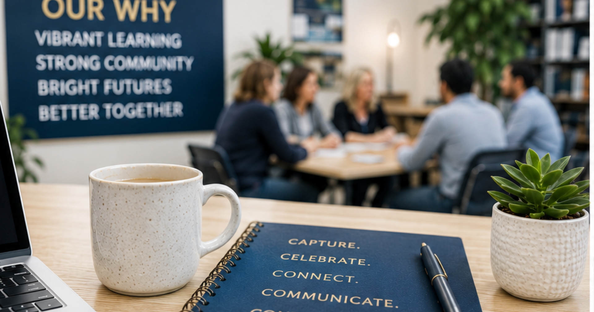 Notebook, coffee, and laptop on a table with educators collaborating in the background beneath an 