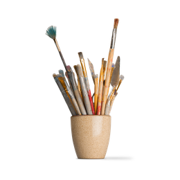 A cup filled with paint brushes on a white background