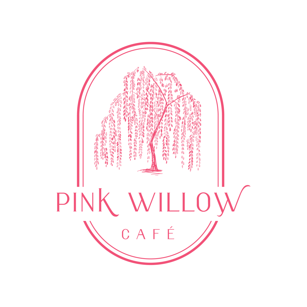 A pink willow cafe logo with a tree in the middle