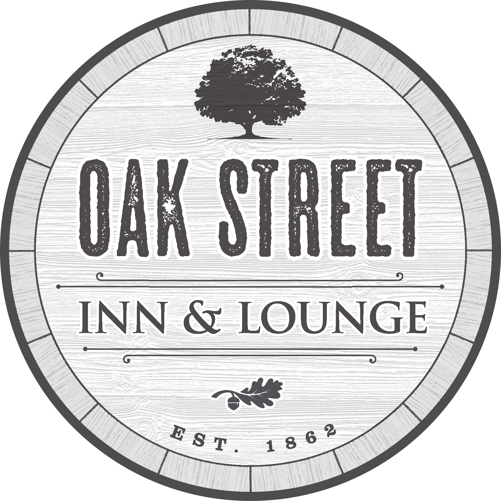 The logo for oak street inn and lounge is a wooden barrel with a tree on it.