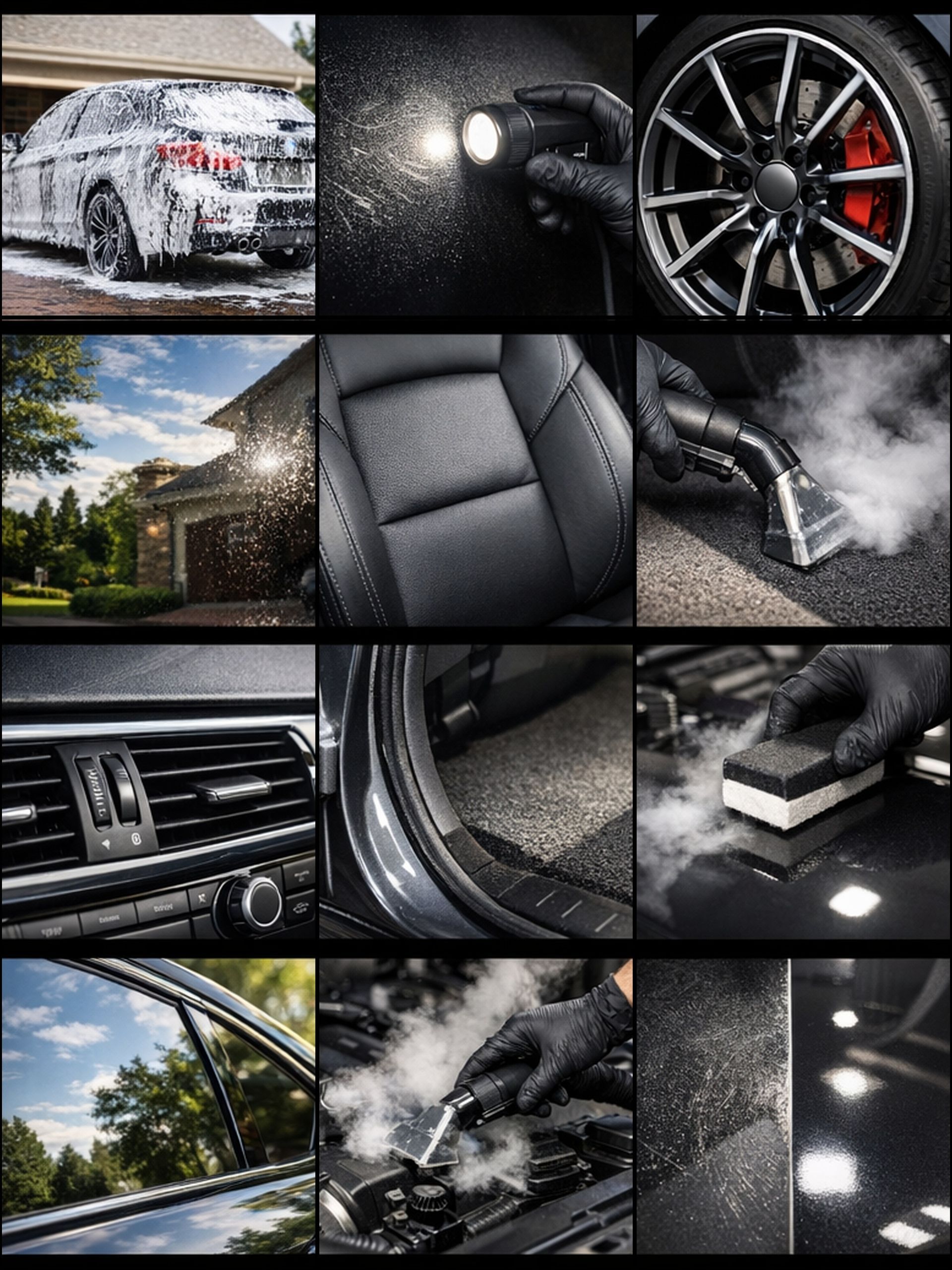 Car's rear interior with black leather seats, one folded forward, revealing the floor for a comprehensive bio-cleaning.