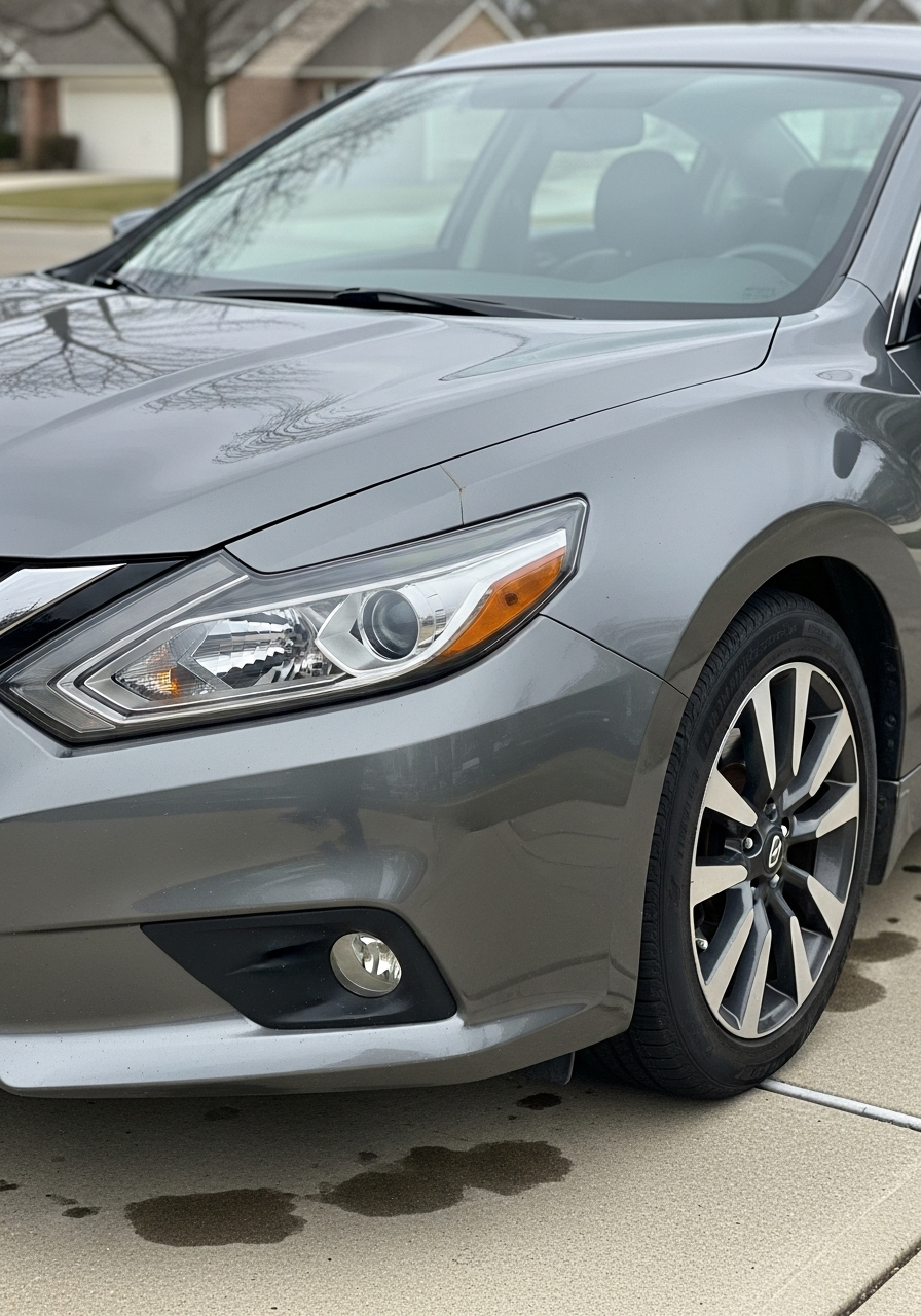 Nissan Altima exterior showing dull paint, light swirl marks, and road grime buildup before professional detailing
