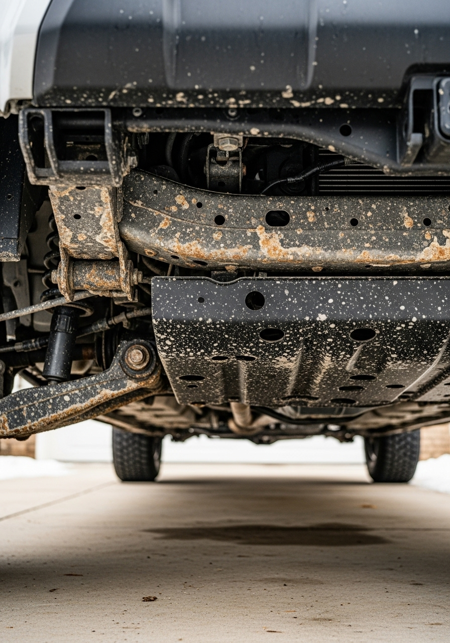 Salt and road grime buildup on Toyota Tacoma undercarriage showing frame and suspension contamination from winter driving
