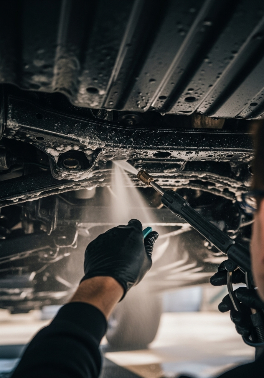 Technician hand rinsing Jeep Grand Cherokee undercarriage using pressure wand during professional cleaning service