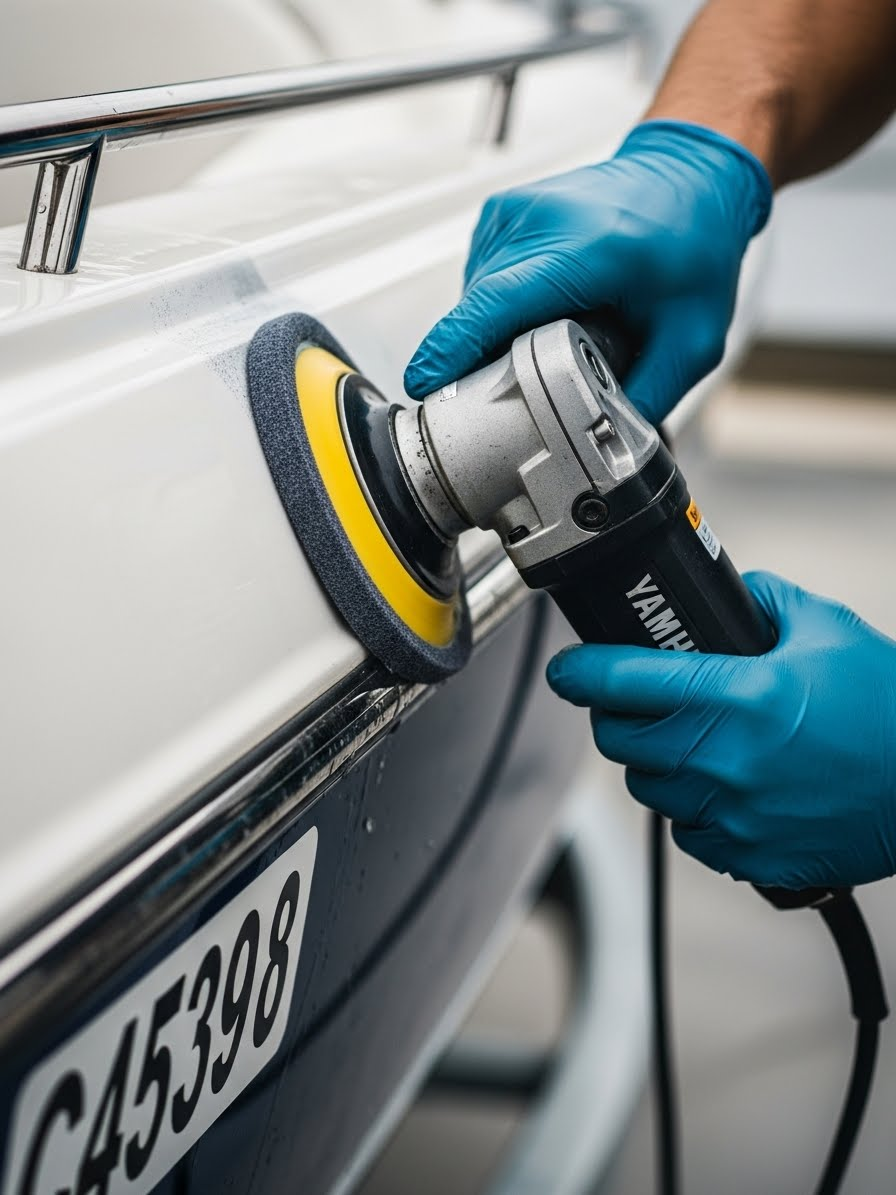 Technician hand polishing Yamaha AR210 boat hull with rotary polisher during professional marine detailing