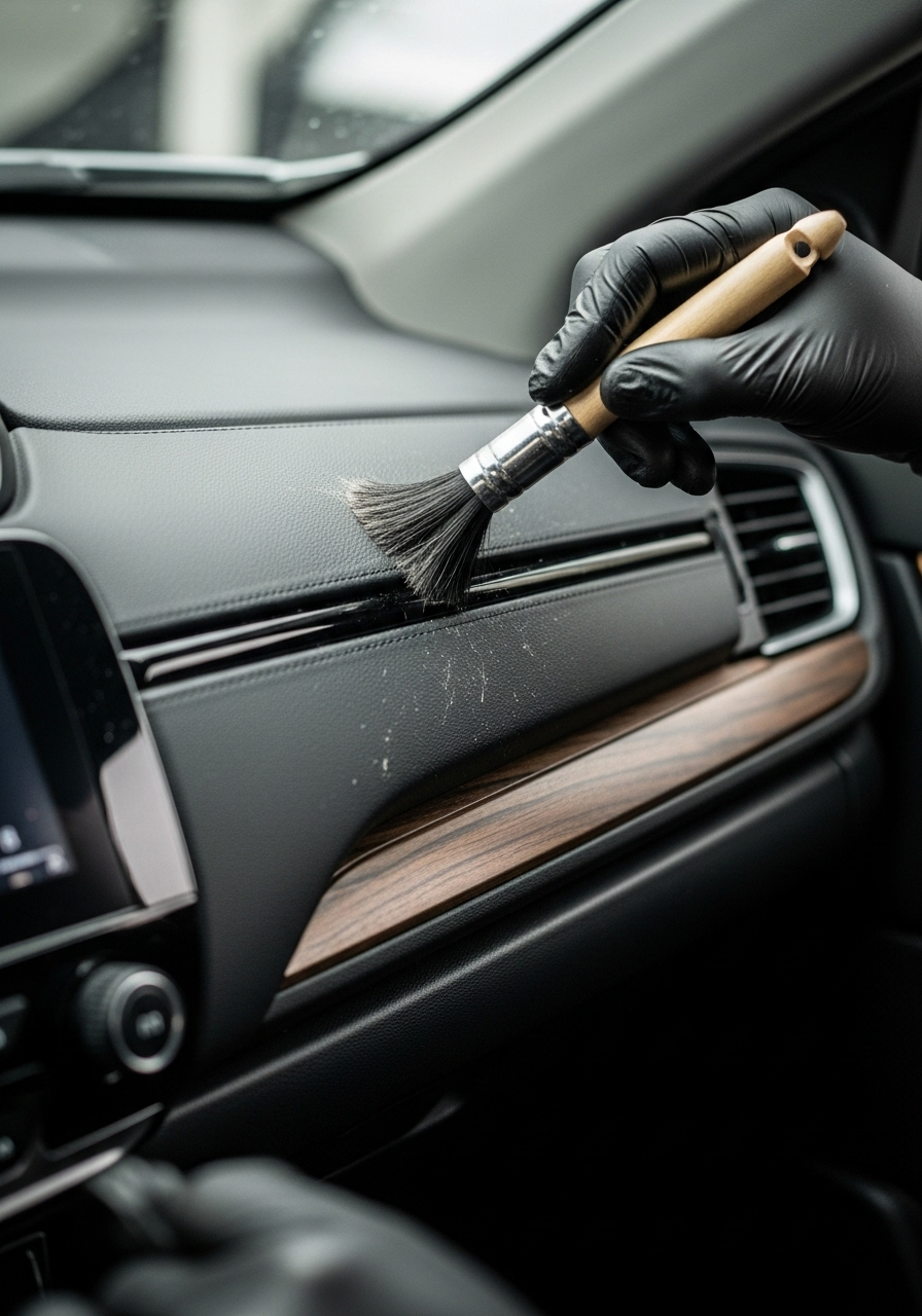 Technician hand cleaning Honda CR-V dashboard air vents using detailing brush during professional detailing service