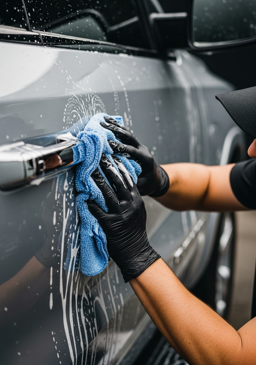 Technician hand washing Ram 1500 door panel with microfiber mitt during professional passenger truck detailing