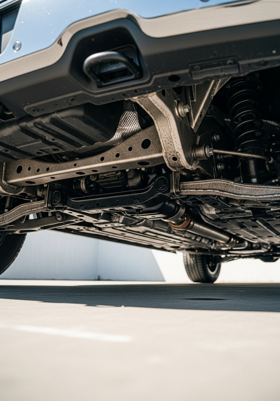 Clean Ford F-150 undercarriage with restored frame and suspension after professional undercarriage cleaning