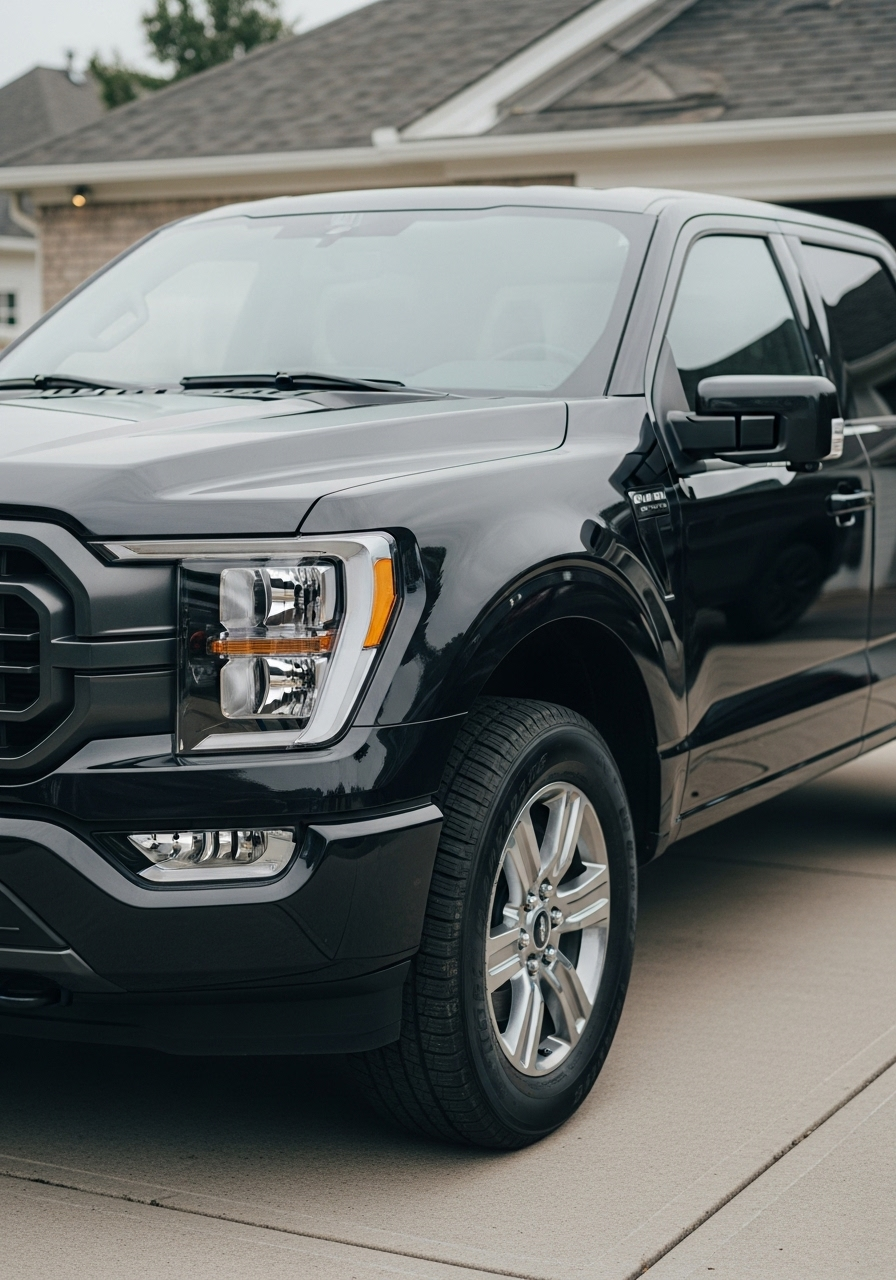 Detailed Ford F-150 showing deep gloss paint, clean wheels, restored trim, and refreshed exterior after truck detailing