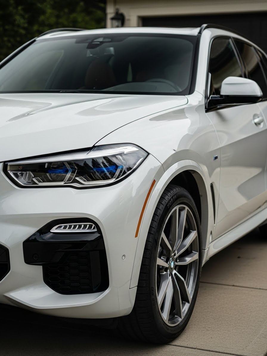 BMW X5 exterior detailing result showing swirl-free paint, deep gloss finish, clean trim, and restored reflections