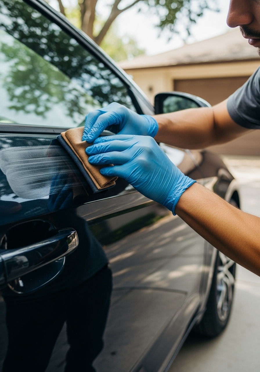 Technician applying ceramic coating with applicator block on dark door panel, gloved hands