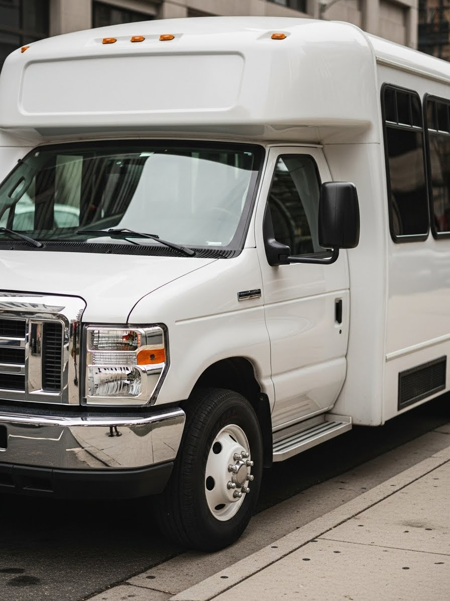 Ford E-450 shuttle bus restored exterior finish after professional bus detailing