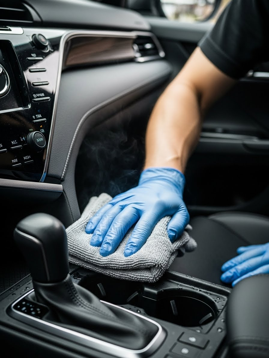 Technician hand wiping Toyota Camry center console with microfiber towel during professional full detailing process