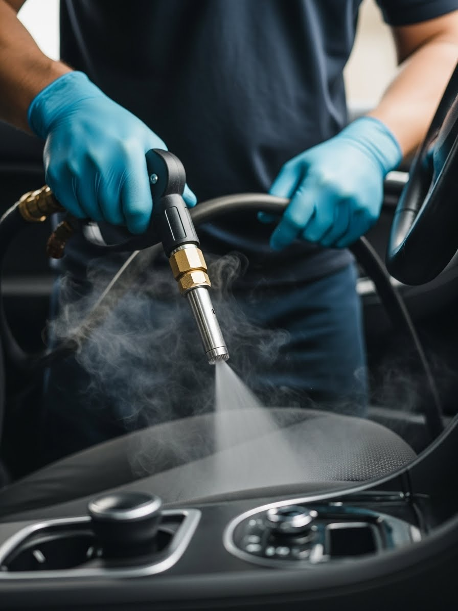 Car's rear interior with black leather seats, one folded forward, revealing the floor for a comprehensive bio-cleaning.
