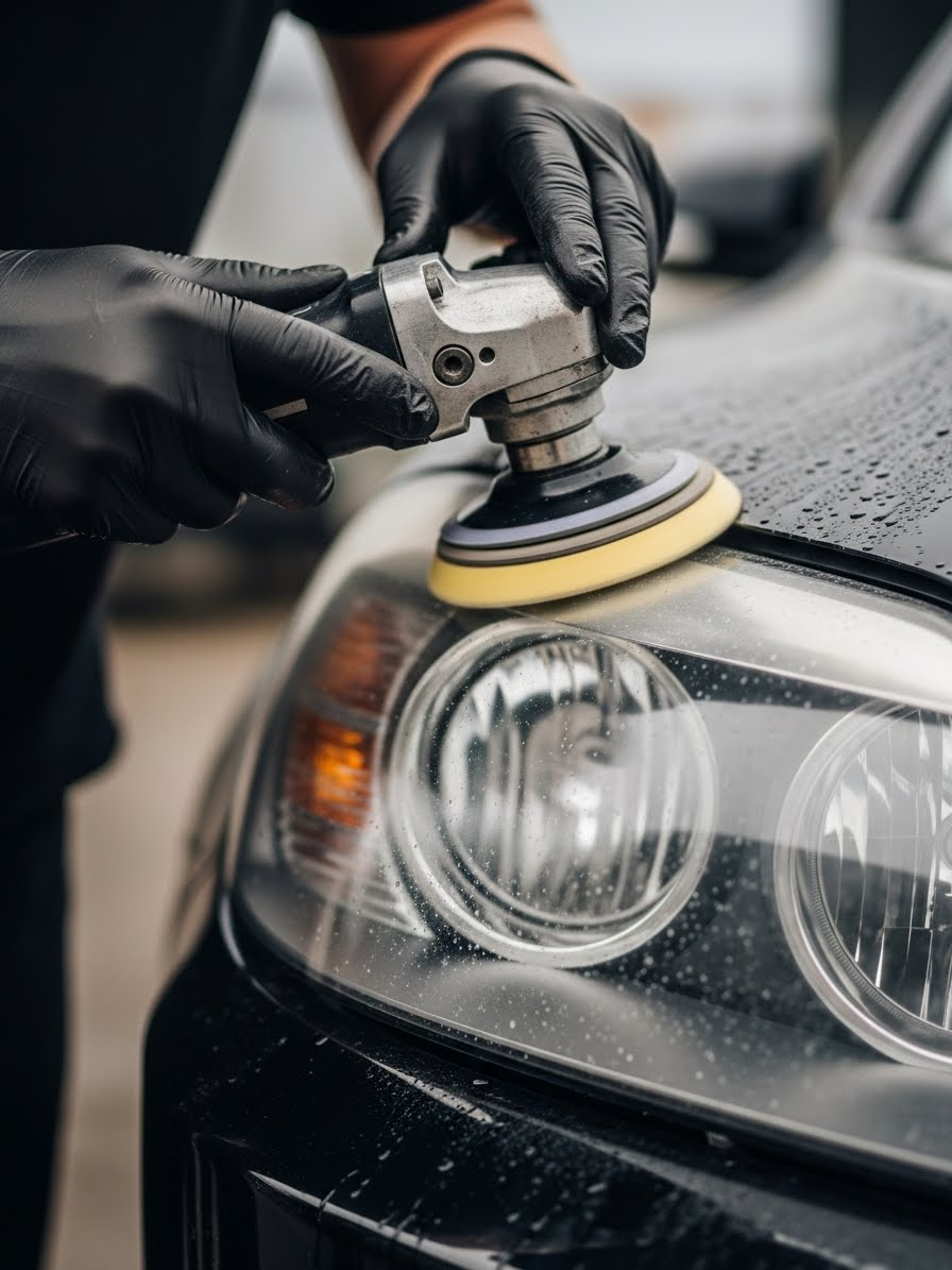 Car's rear interior with black leather seats, one folded forward, revealing the floor for a comprehensive bio-cleaning.
