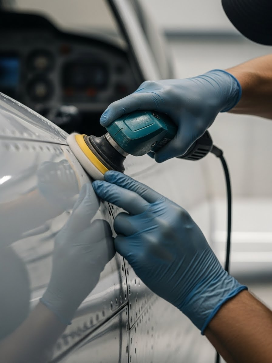 A Professional Detailer performing paint correction on a plane in the DMV
