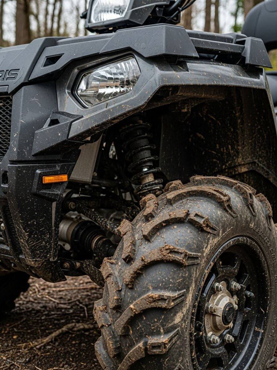 Mud-caked Polaris Sportsman 570 ATV showing trail grime on suspension, wheel wells, and lower engine components