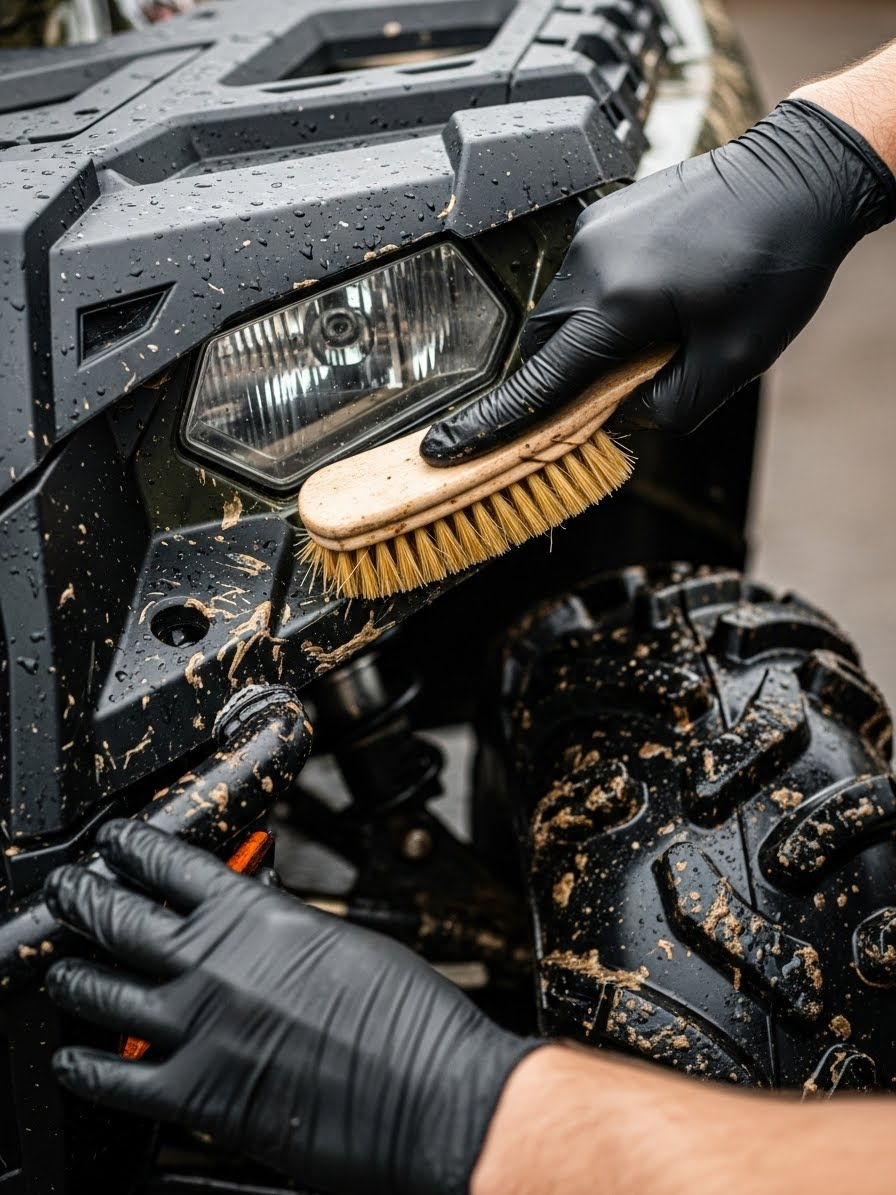 Detailing brush removing dried mud from Polaris Sportsman 570 ATV suspension during professional ATV detailing service