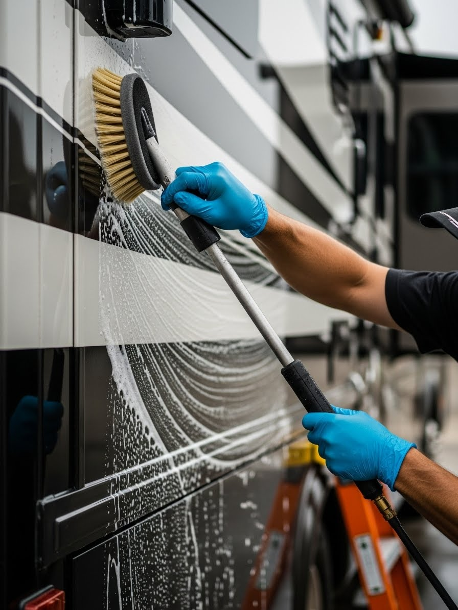 Technician hand cleaning Thor Four Winds RV fiberglass sidewall using soft-bristle brush during mobile RV detailing