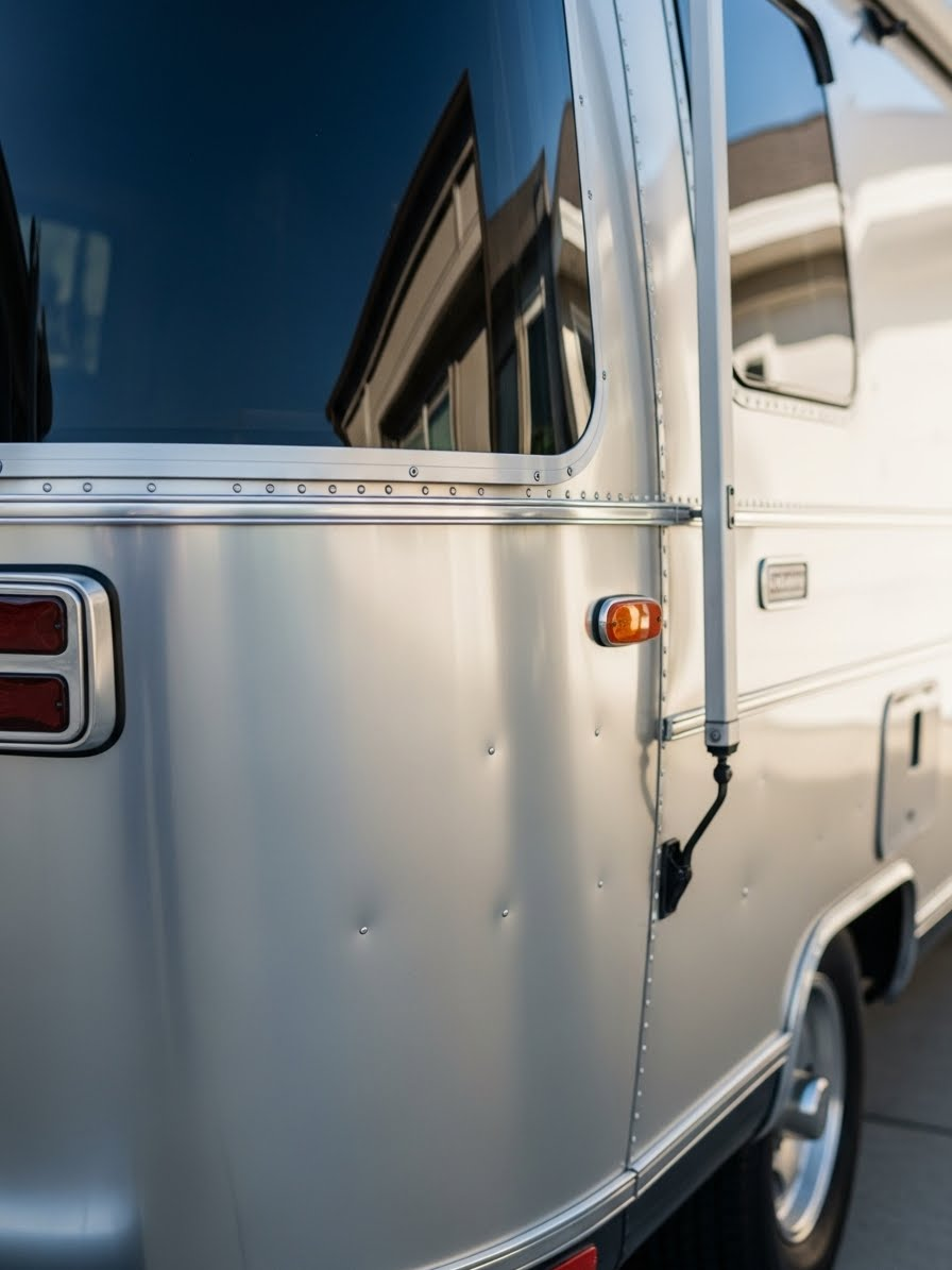 Detailed Airstream Flying Cloud RV showing clean polished aluminum panels with streak-free reflections and clarity