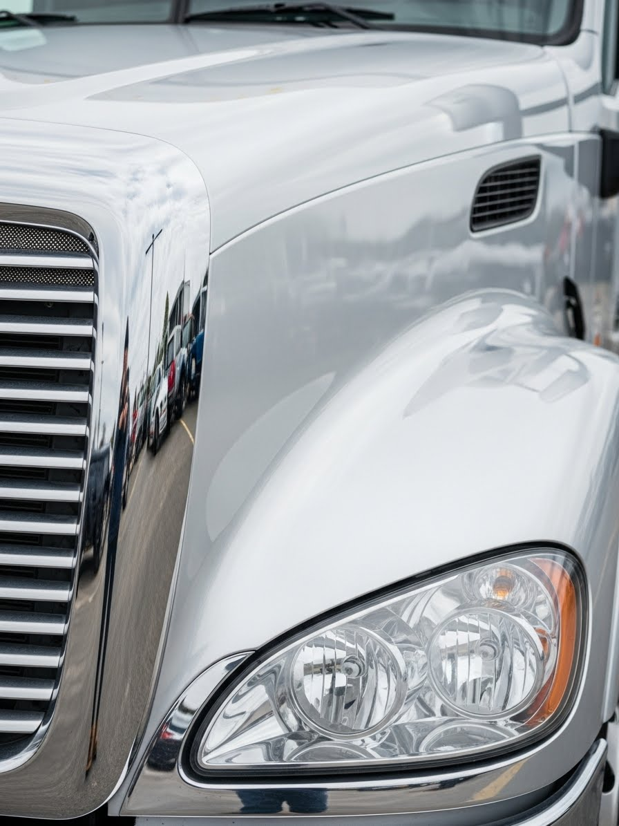 Detailed Peterbilt 579 semi truck showing clean hood, polished grille, and restored paint clarity after detailing