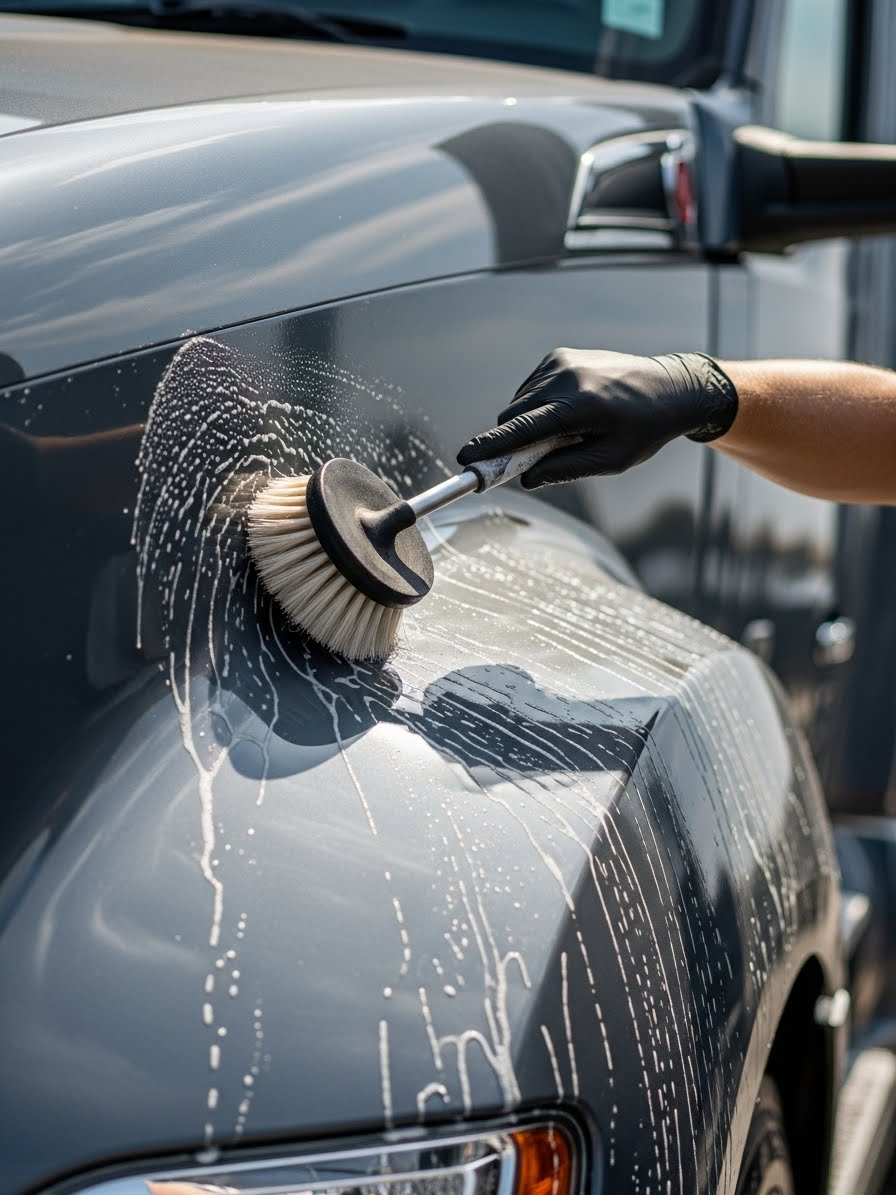 Car's rear interior with black leather seats, one folded forward, revealing the floor for a comprehensive bio-cleaning.
