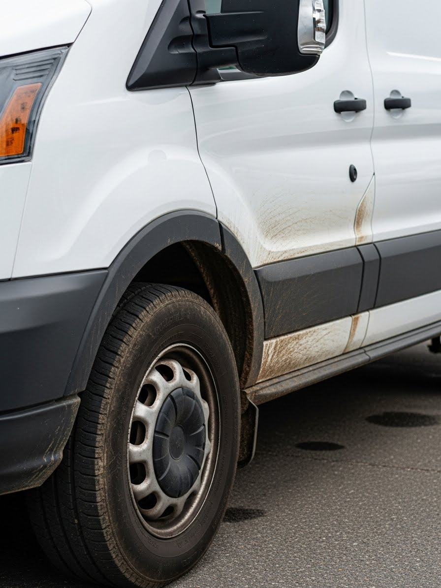 Dirty Ford Transit cargo van showing road grime, salt residue, and fleet wear along lower panels and doors