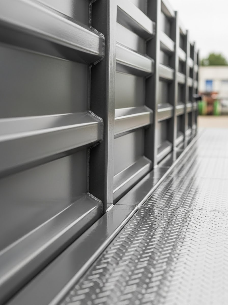 Clean PJ equipment trailer showing restored metal finish, debris-free deck, and professional results after detailing