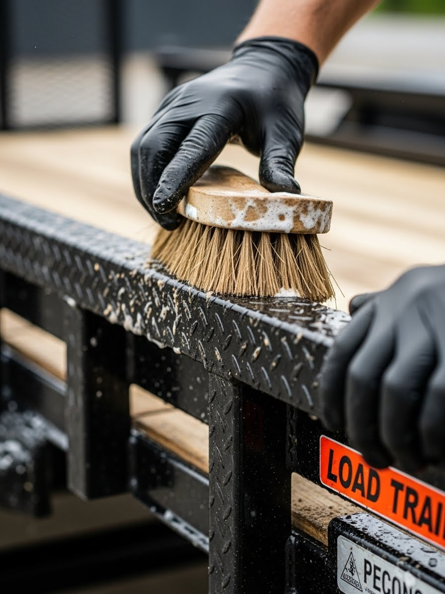 Technician hand scrubbing Load Trail utility trailer side rail with stiff brush during professional trailer detailing