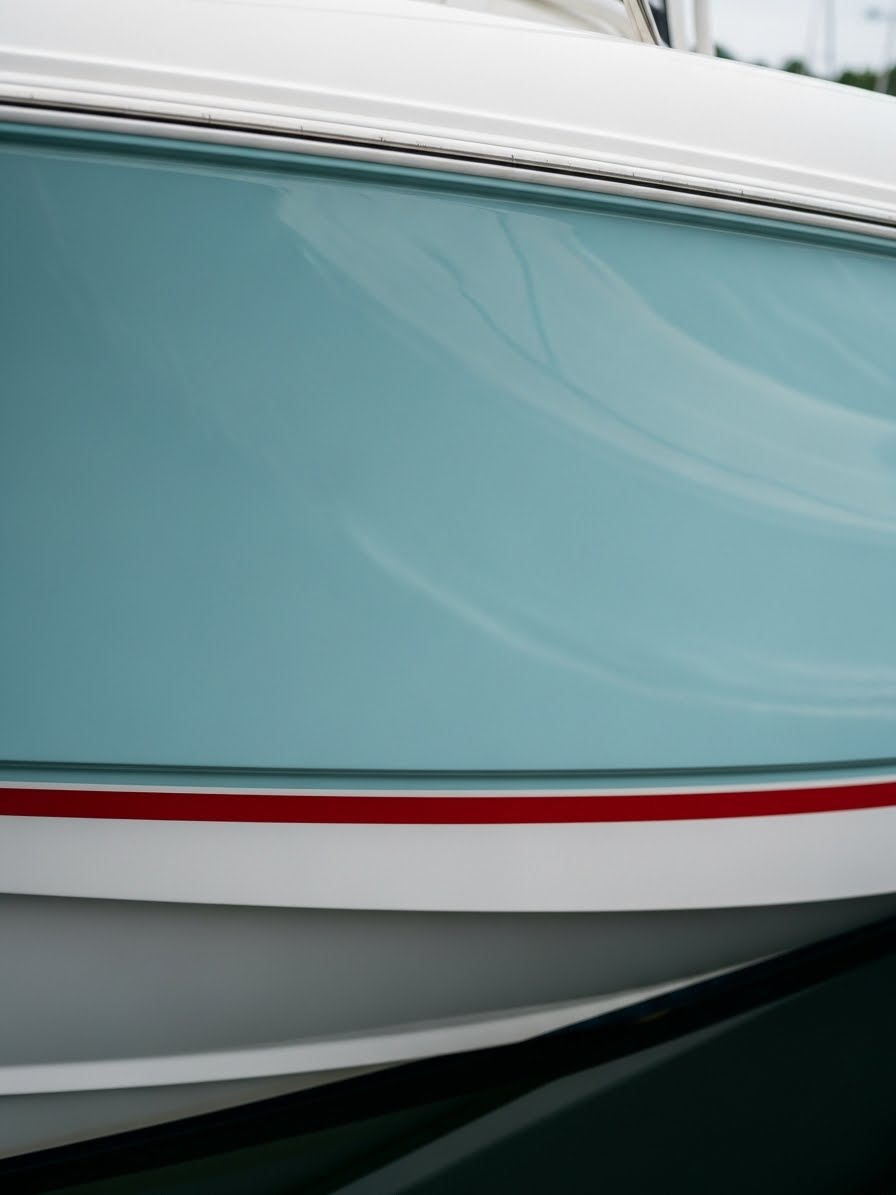 Detailed Boston Whaler Outrage boat with restored gel coat shine, clean hull surface, and streak-free finish