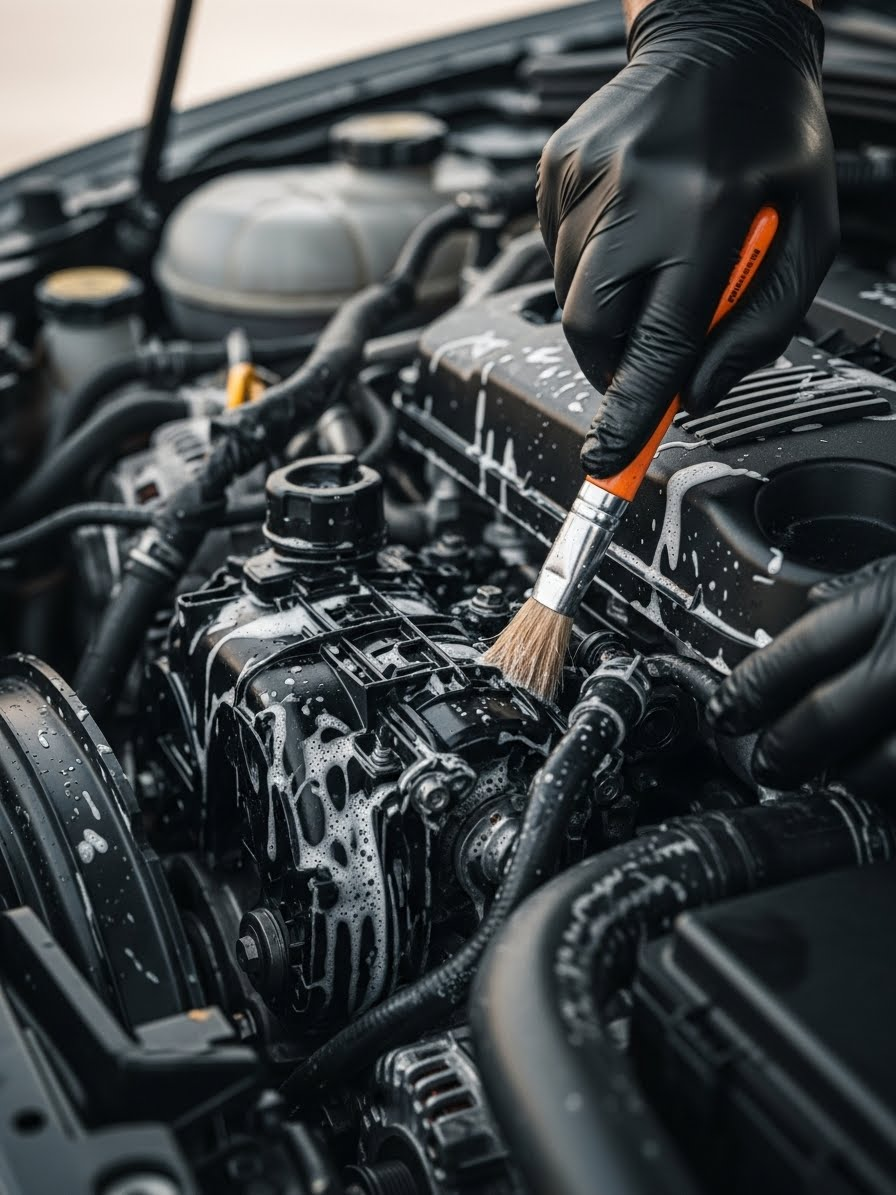 A Berger Mobile Detailer using a brush to agitate grime away