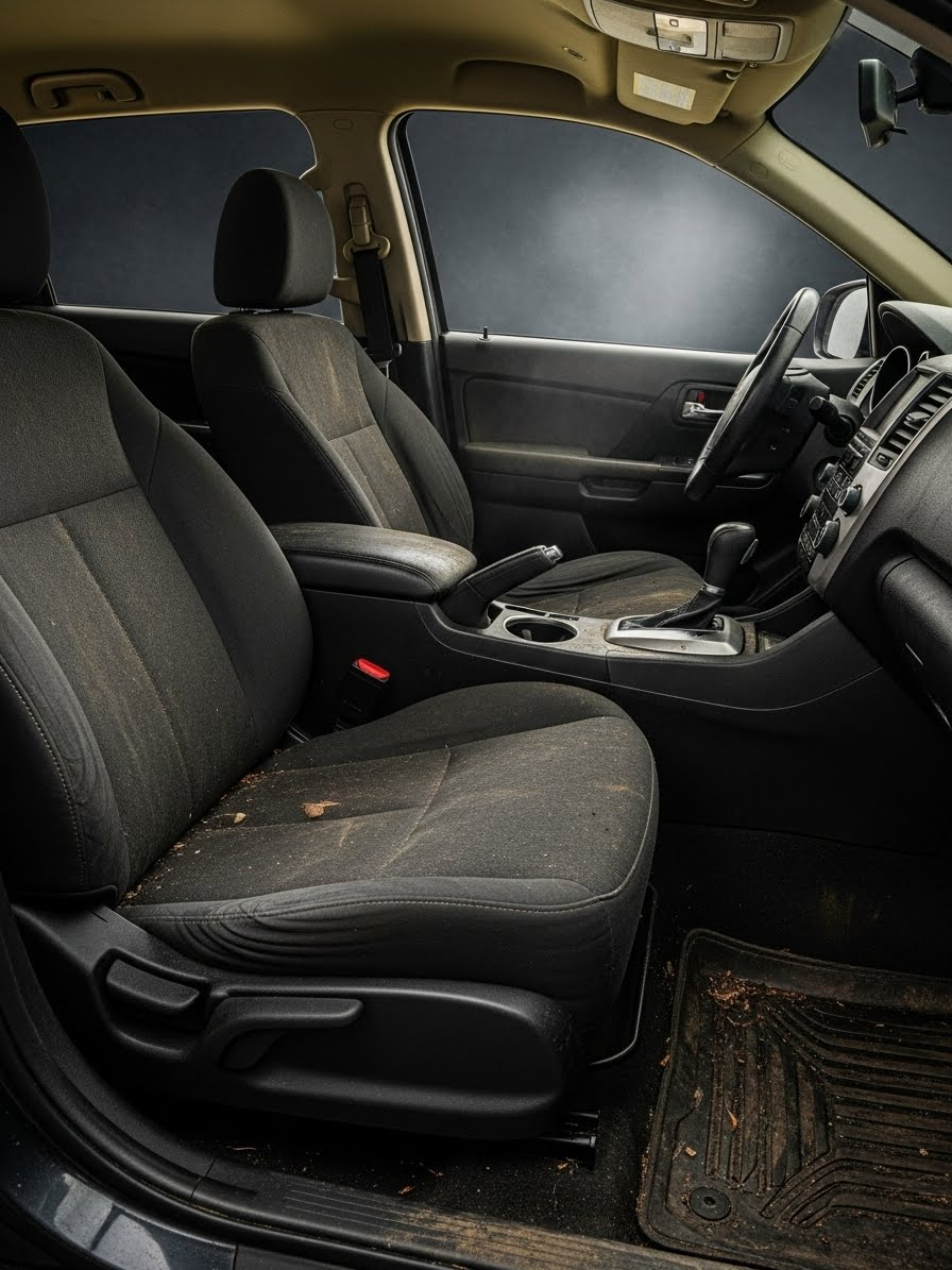 A malodourous car that is coverdd in dirt, debris, and mold about to be detailed