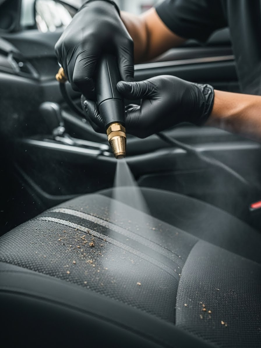 Technician hand steam cleaning Honda Accord cloth seat during professional interior detailing service