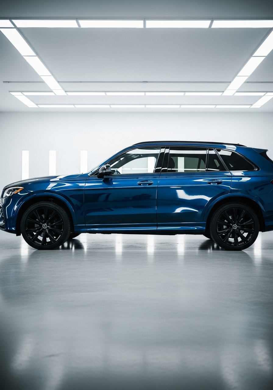 Deep-blue SUV with fresh ceramic coating and smooth, wet-look reflections in a clean garage