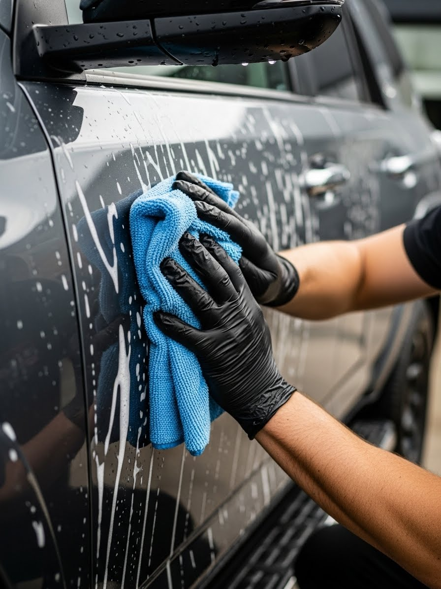 Technician hand washing Toyota 4Runner door panel with microfiber mitt during professional exterior detailing