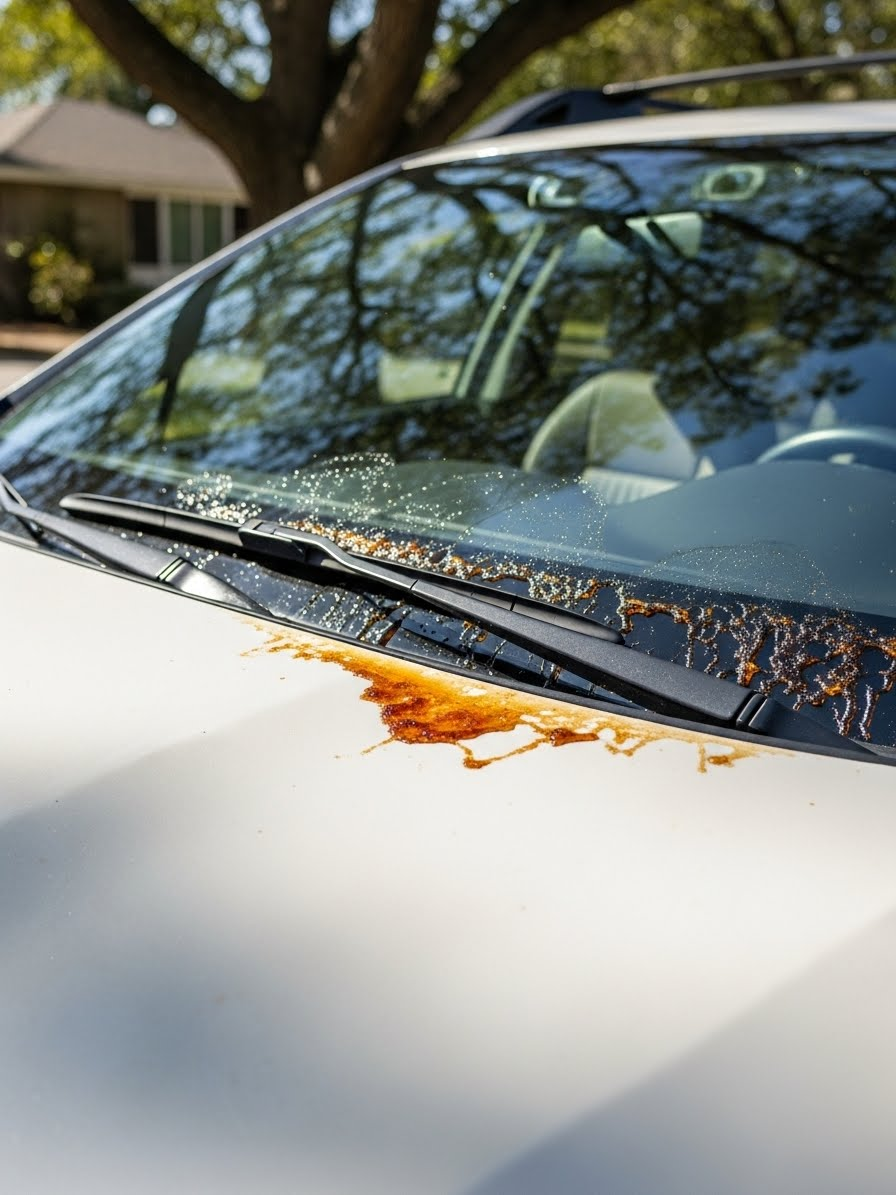Tree sap bonded to Subaru Outback hood and windshield area, showing hardened residue that can damage paint if left untreated