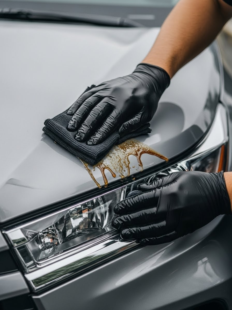 Technician hand applying sap removal solution to Toyota Highlander hood using microfiber applicator pad