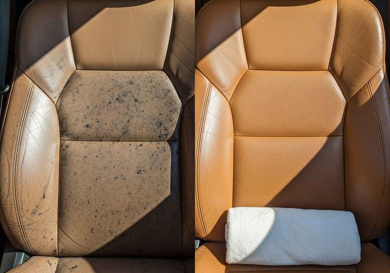 A 50/50 before-and-after comparison of a dirty and clean leather car seat