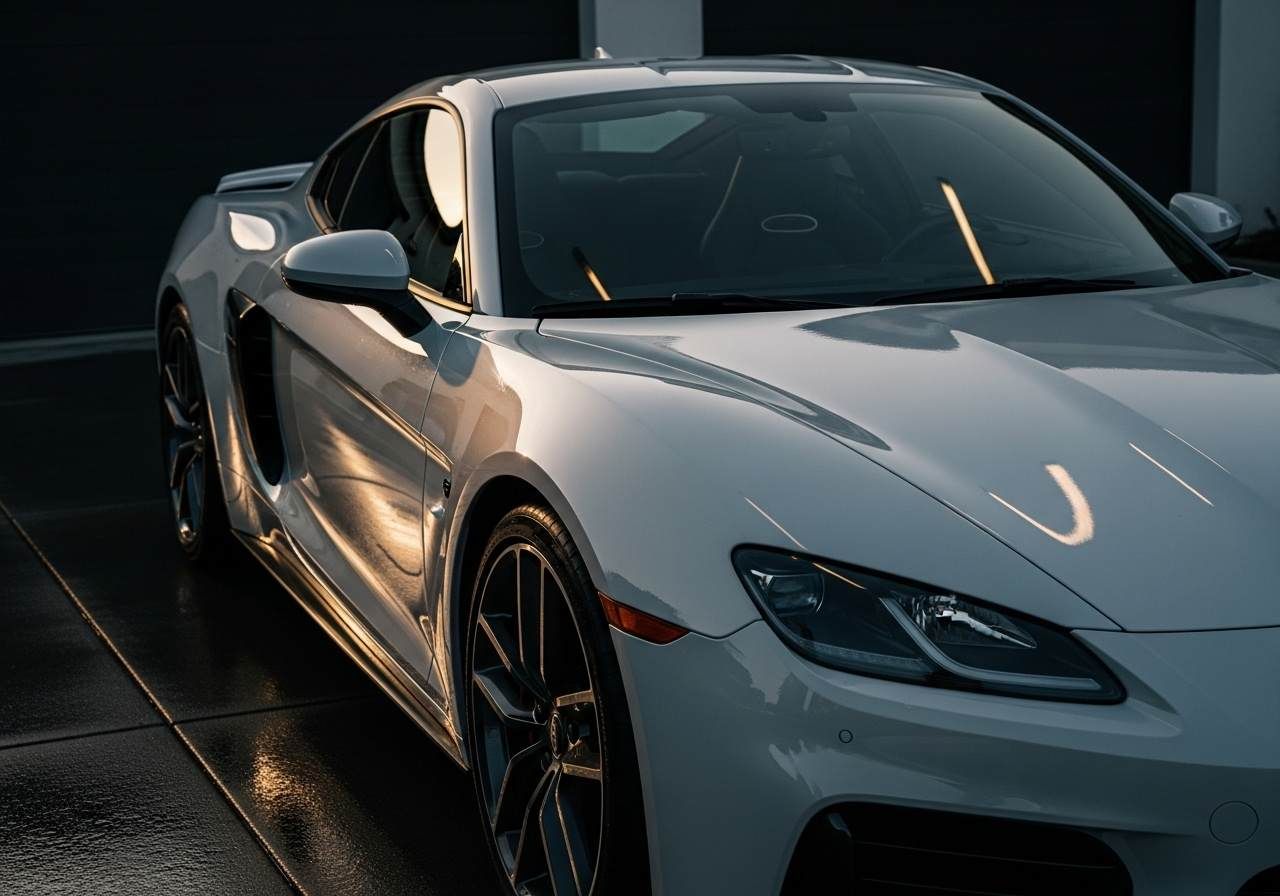 Silver sports car with mirror gloss after professional ceramic coating, parked in driveway at sunset.
