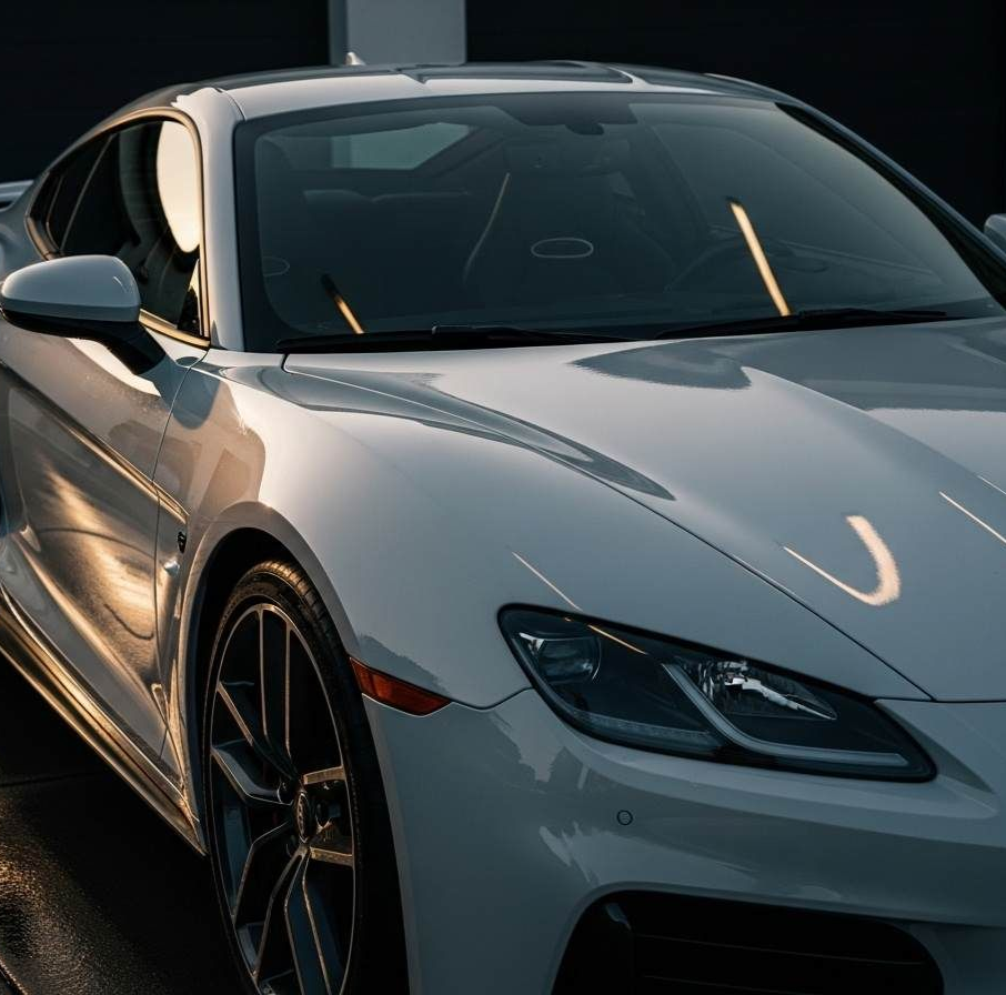 Car's rear interior with black leather seats, one folded forward, revealing the floor for a comprehensive bio-cleaning.
