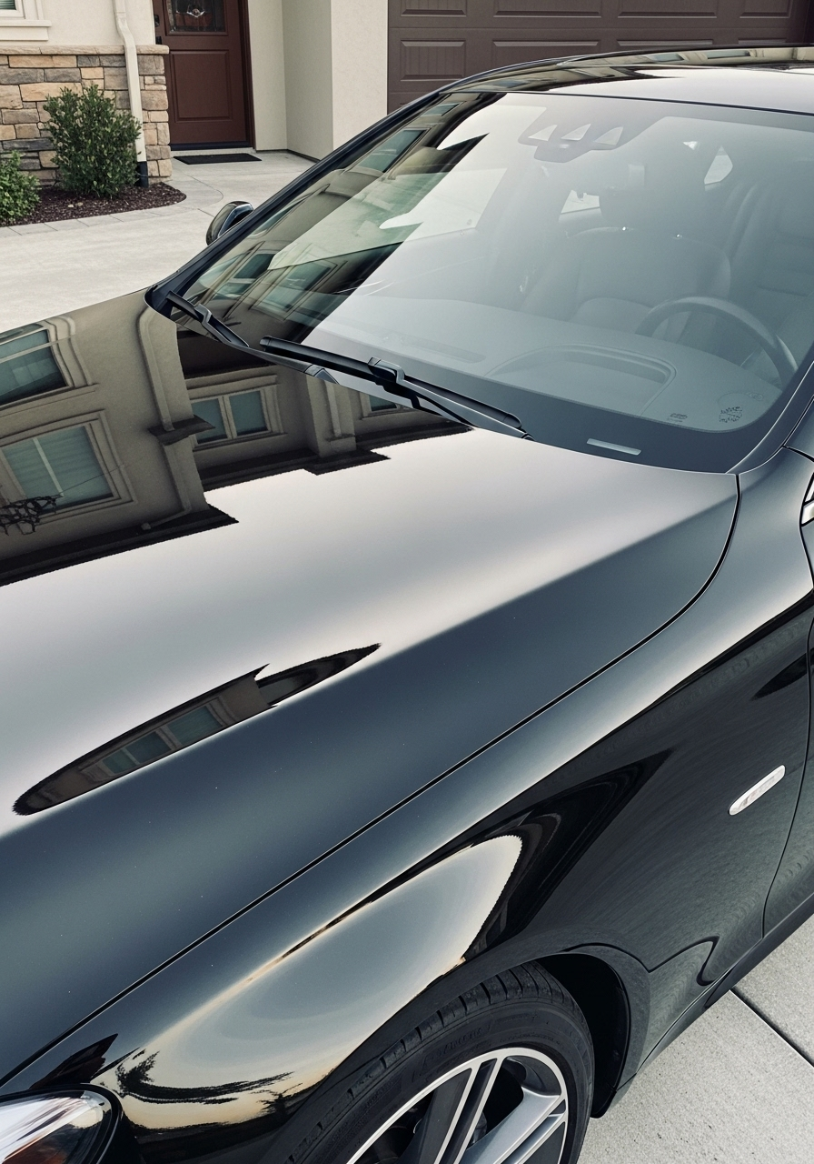 Ceramic-coated black sedan hood with mirror-like reflections and deep gloss finish
