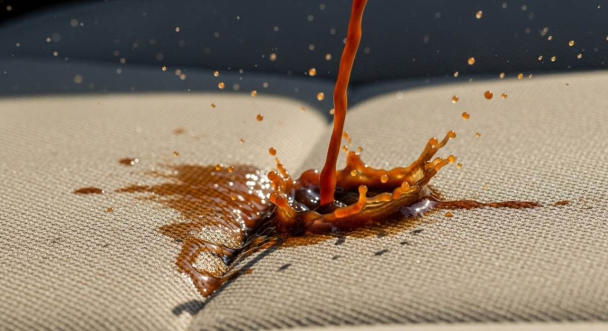 Close-up of coffee splashing and pooling on a beige car seat upholstery, showing fabric weave, droplets, and stain spread in natural sunlight.