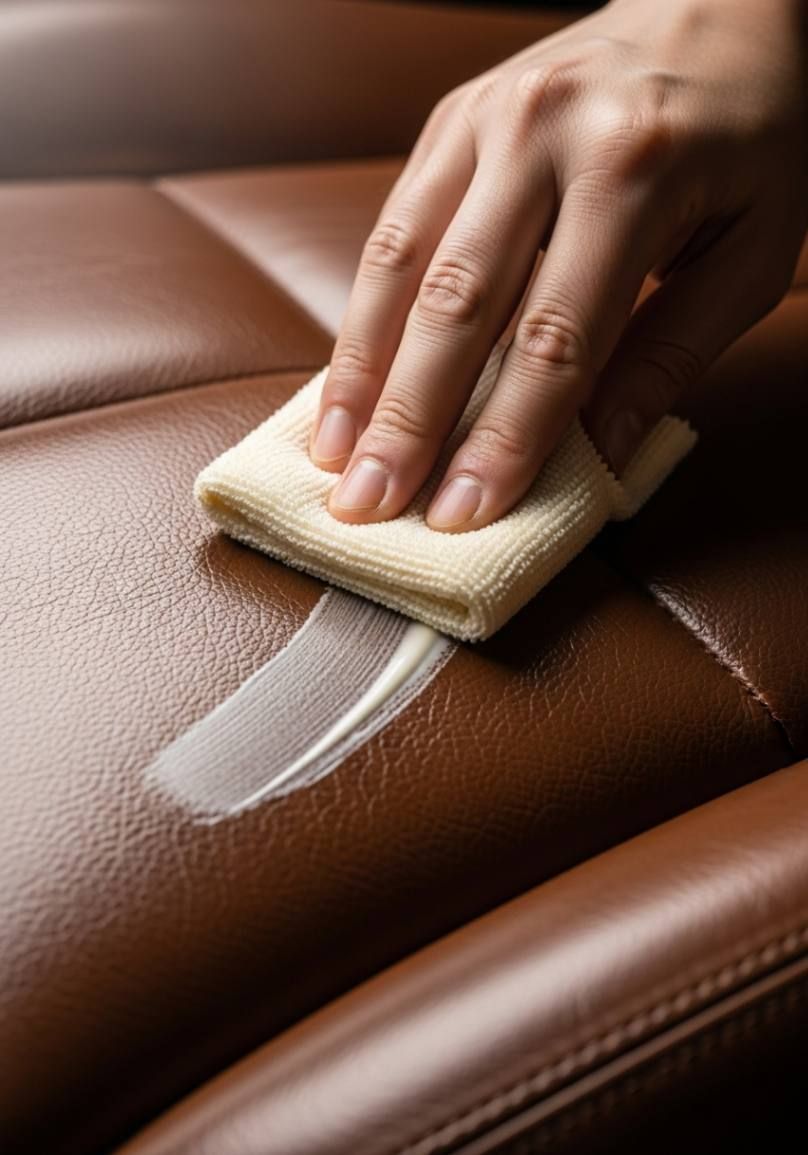 Hand applying conditioner to a brown leather car seat with a microfiber cloth, restoring shine and protecting the upholstery from wear and cracking.