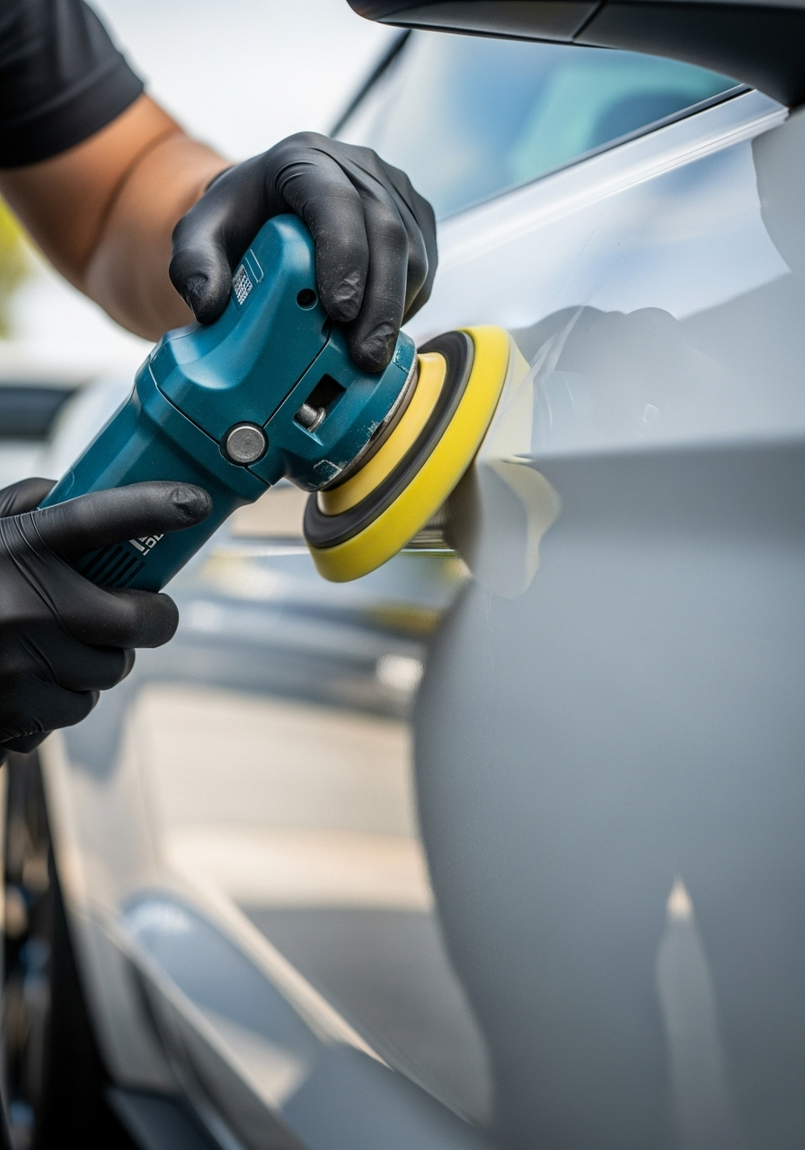 Car's rear interior with black leather seats, one folded forward, revealing the floor for a comprehensive bio-cleaning.
