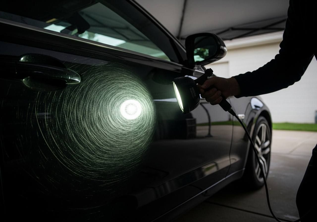 Inspection light reveals heavy swirl marks on black car paint, highlighting condition that affects buffing cost.”