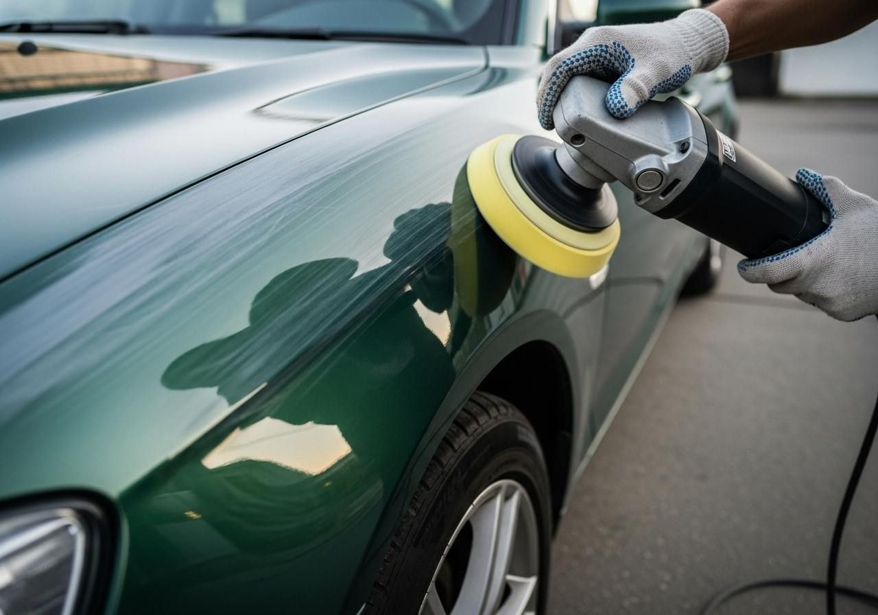 A microfiber towel being pulled back to reveal a flawless, mirror-like red paint finish | Berger Mobile Detailing