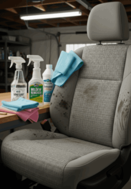 Stained car seat upholstery with visible mold and mildew spots alongside cleaning supplies