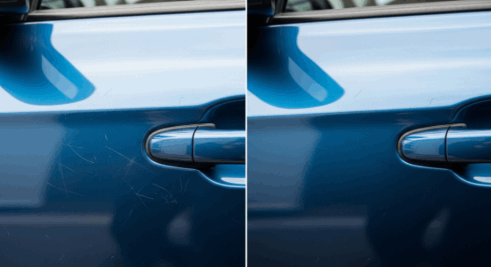 Before and after scratch removal on the blue car door, showing swirl correction and paint restoration detailing results.