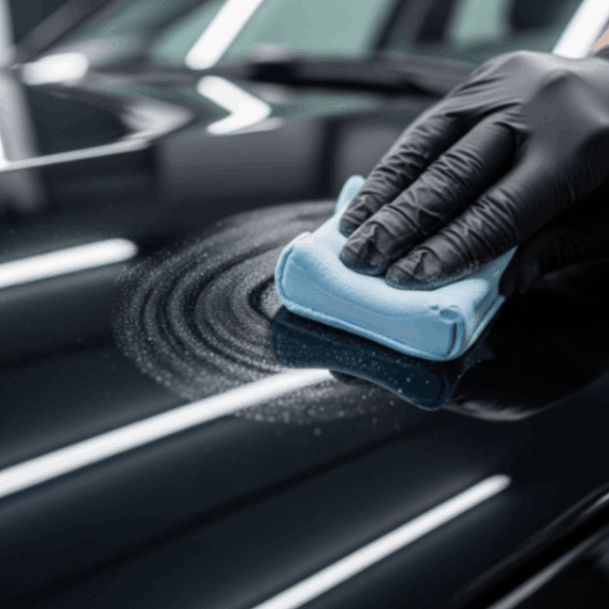 Gloved hand polishing black car with microfiber pad in circular motion, highlighting high-gloss finish and detailing precision.
